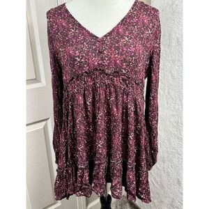 Women Chelsea & Violet Floral Print Blouse Long Sleeve Empire‎ Maroon Size L
